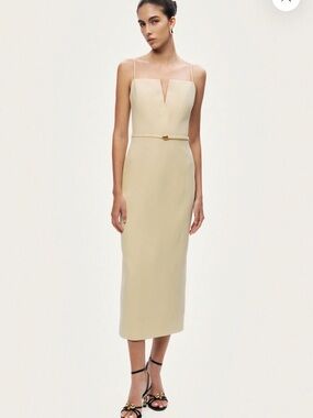 Cream Midi Dress with Slim Belt and Square V-Notch